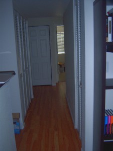 Exiting the living room and moving down the hall, note the lovely wood(?) floors. The first door on the right is the closet/pantry. On the left we have the water heater & furnace.